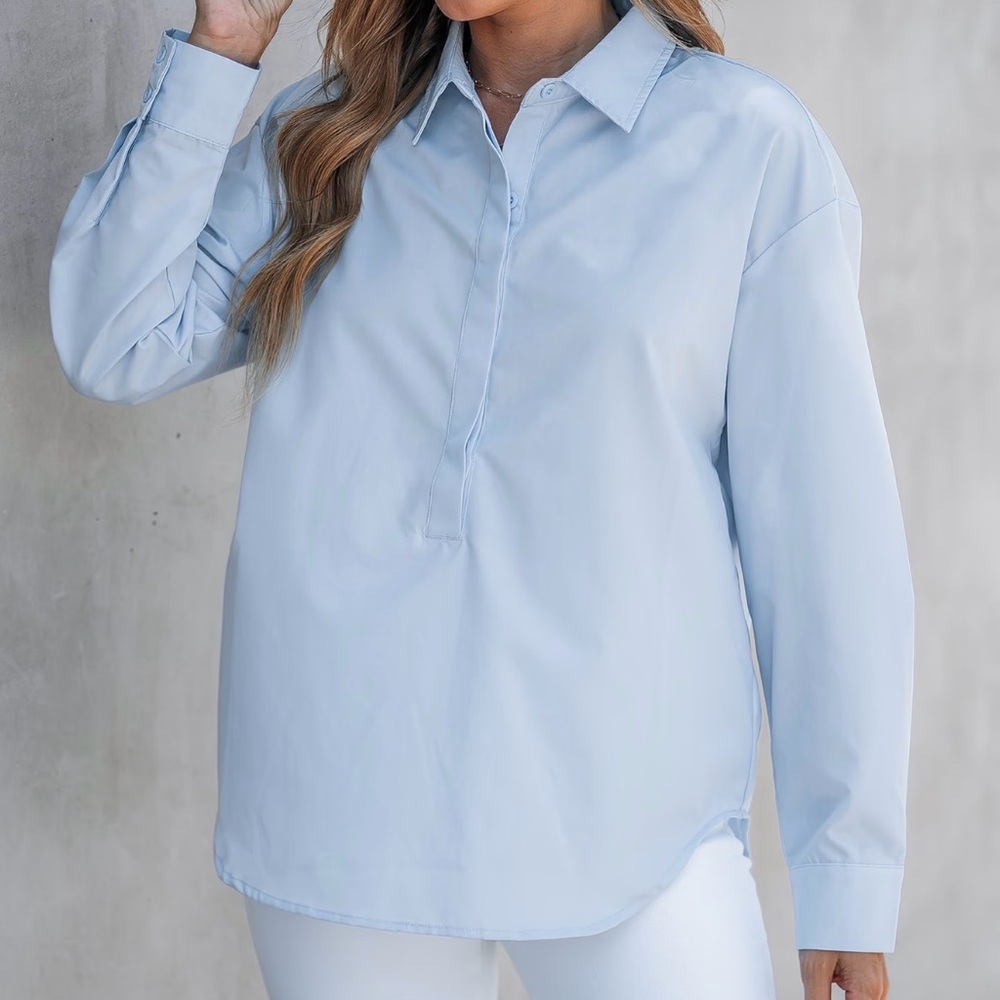Cupshe Light Blue Hidden-Placket Button Down Shirt